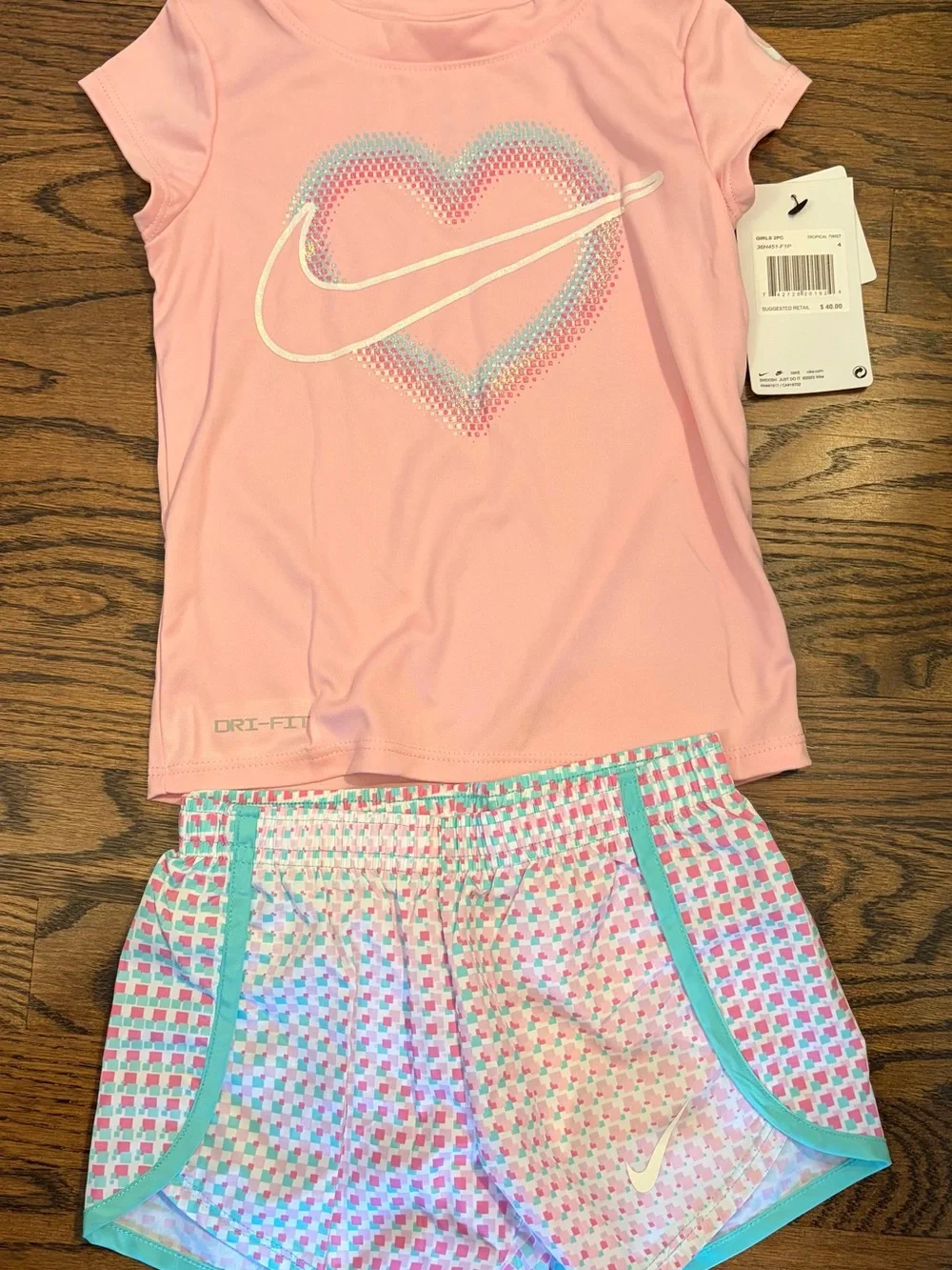 Nike Pink Heart Dri-FIT Top with Multicolor Trim Shorts Set